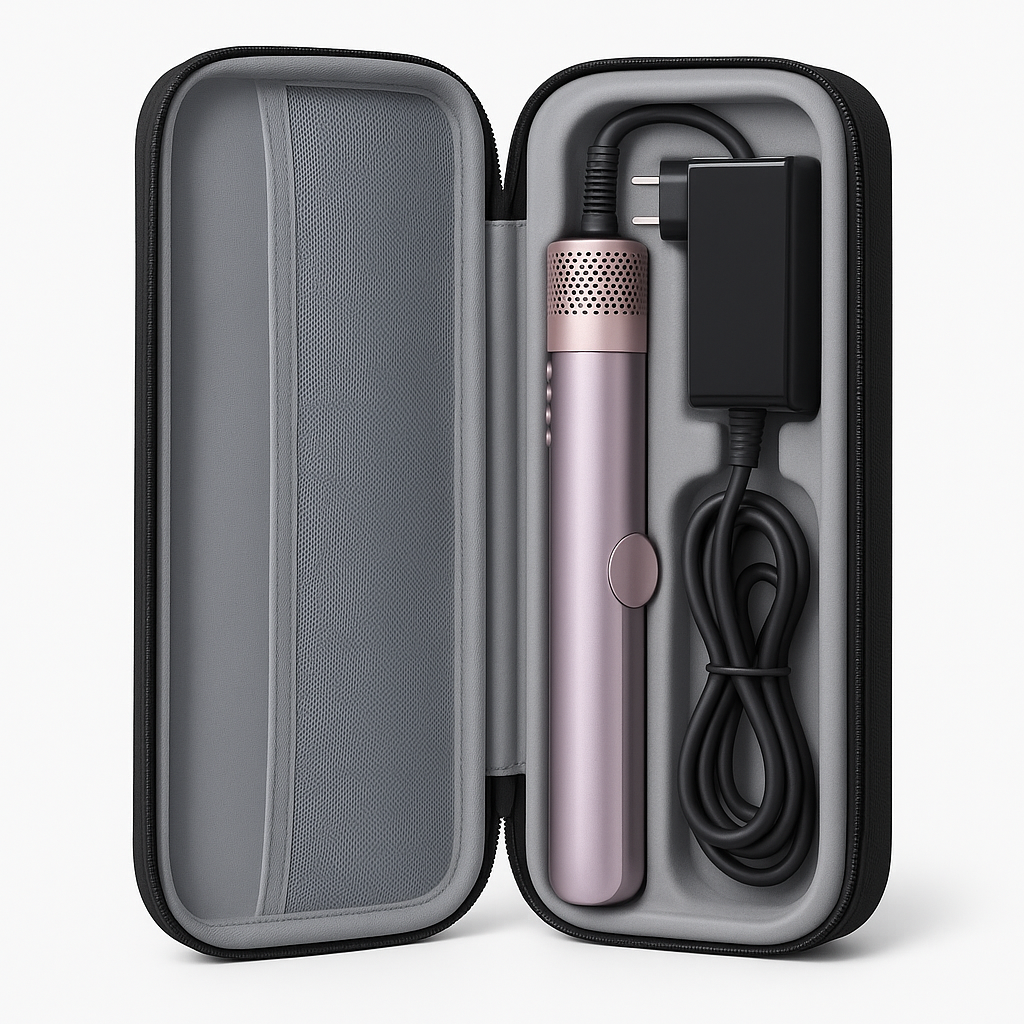 Original DOYOO AirStraight Aufbewahrungstasche mit 2-in-1 Hair- und Föhnstyler in geöffneter Ansicht